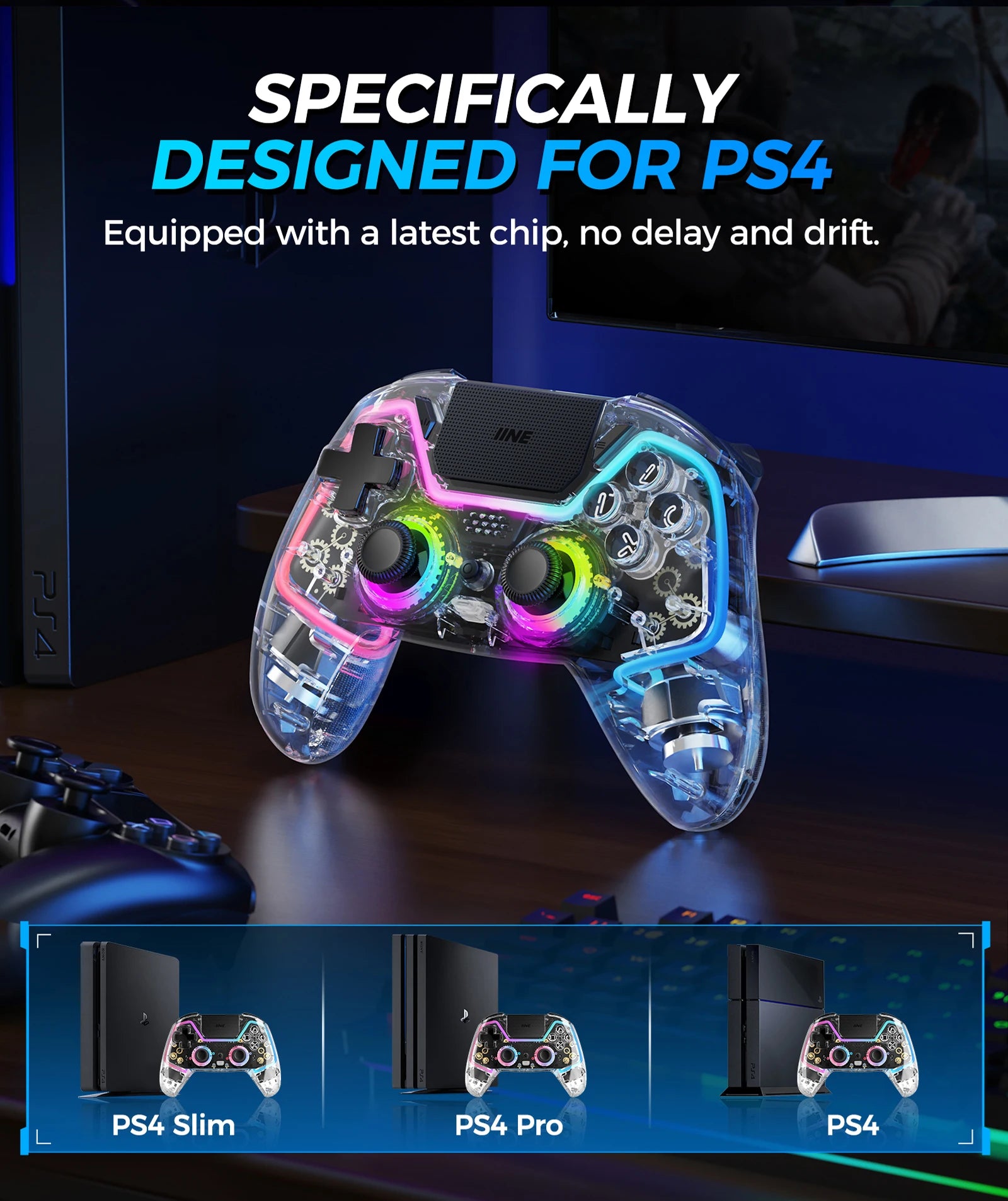 IINE Bastet Wireless Controller Compatible with PS4/Switch/PC/Android/IOS Hall Effect Joystick & Trigger With Touch Pad