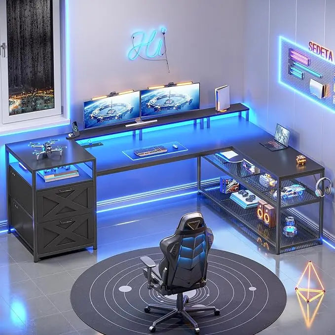 67" L Shaped Desk with Drawers, Computer Office Desk with Storage Shelves & Power Outlet, Reversible Gaming Desks with LED Ligh