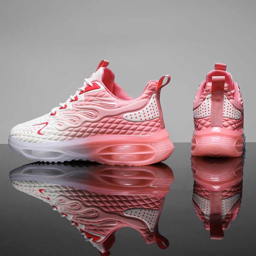 Stylish pink and white lace-up orthopedic sneakers for women with bubble sole and trendy design.