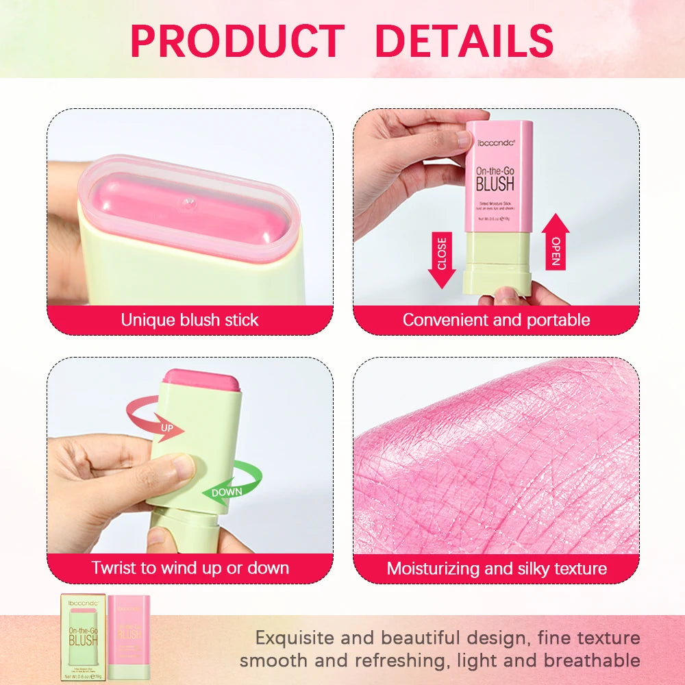 Colorful packaging of On-the-Go Blush by ibccandc, featuring tinted moisturizer sticks in various shades.