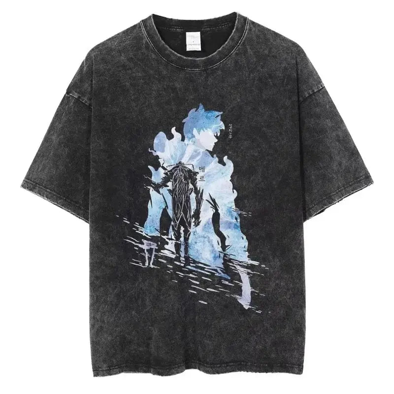 Men's and women's T-shirt plus size Harajuku unisex washed cotton T-shirt Hot Anime Solo Leveling Song Jinyu printed T-shirt