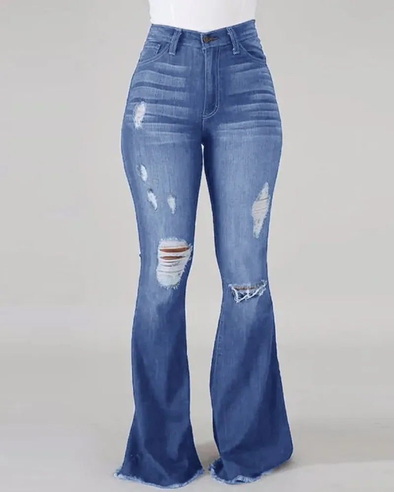 Denim Flare Pants Women Hole Jeans Boot Cut High Waist Stretch Pockets Distressed Washed Streetwear 2025 Floor Length Trousers