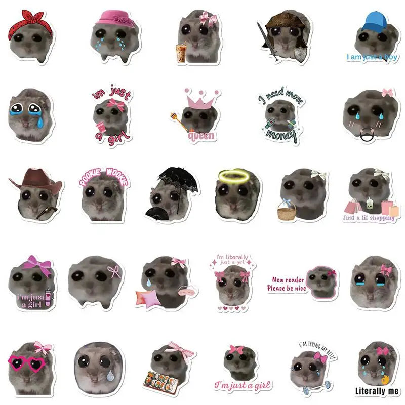 56pcs Sad Hamster Meme Decals Cute Stickers Cute Cartoon Graffiti Decals Cute Sad Hamster Sticker Decals For Laptop Water Cup