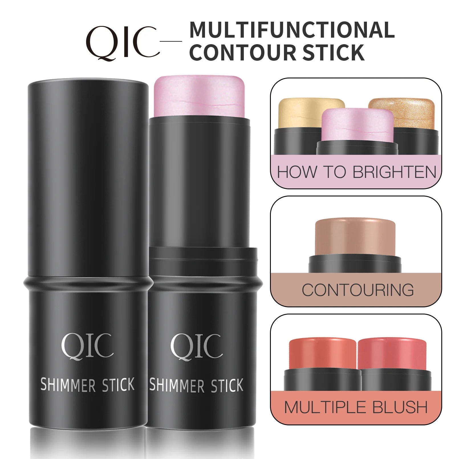 Two QIC shimmer stick highlighters with swatches, perfect for adding glow and radiance to makeup looks.