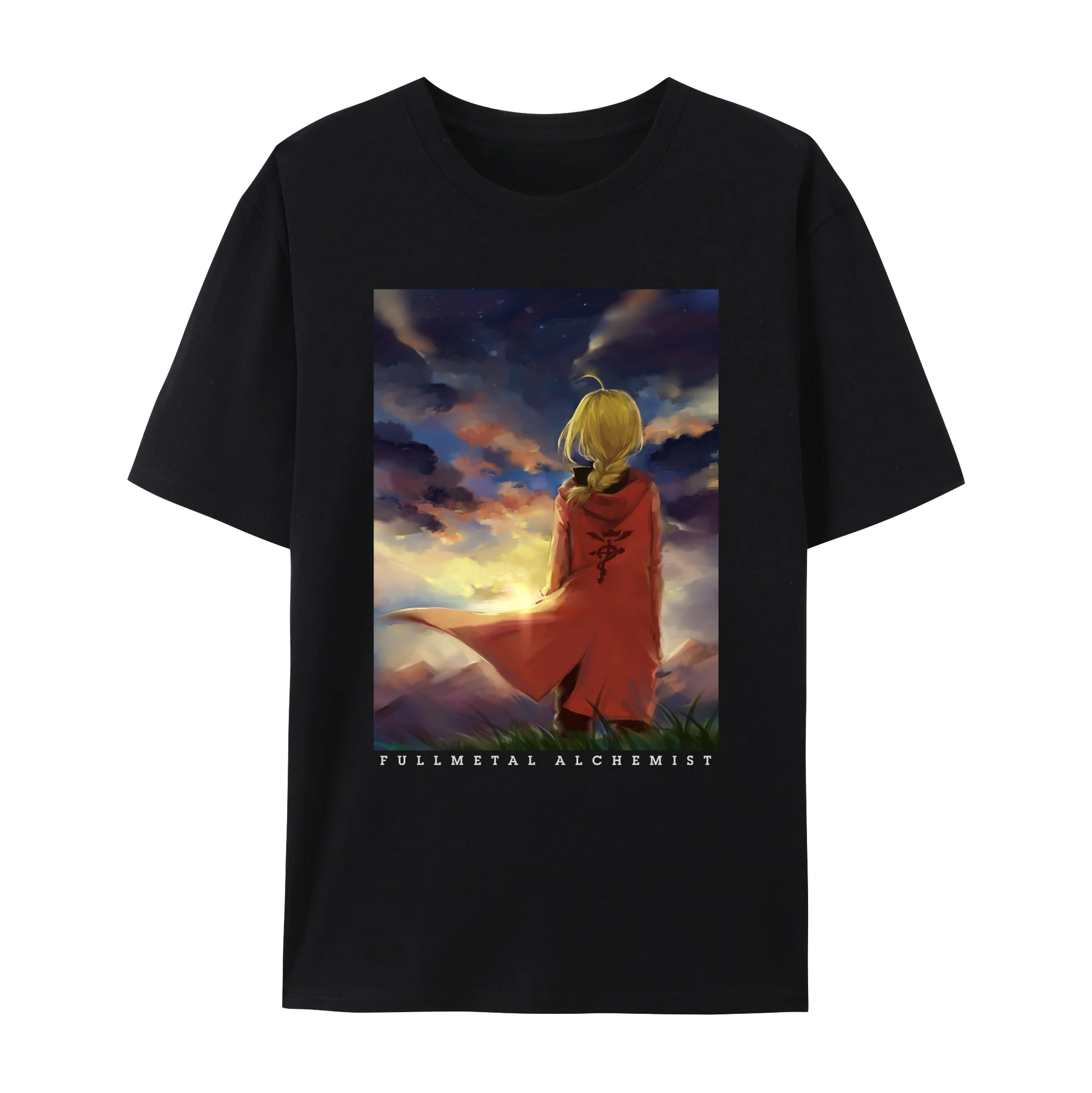 Fullmetal Alchemist Edward graphic cotton t-shirt featuring vibrant anime art on a black short sleeve crewneck.