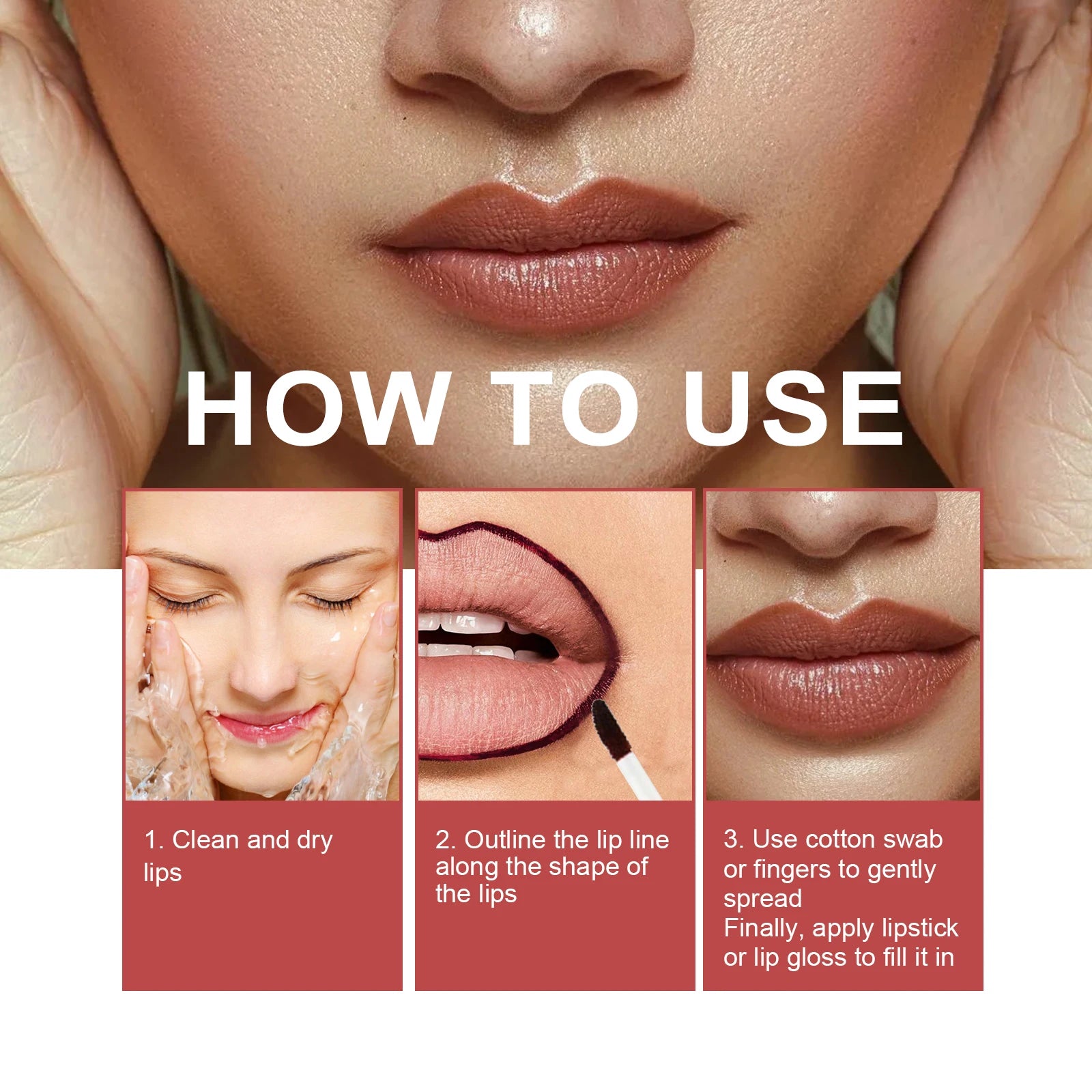 How to use EELHOE's peel off lip liner: steps for clean lips, outlining shape, and applying lipstick.