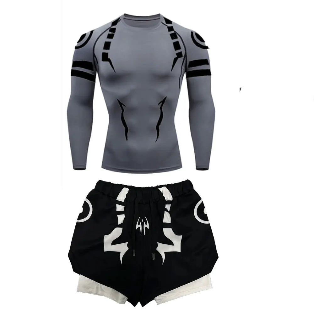 Anime Jujutsu Kaisen Compression Set Fitness Suit for Men Quick Dry 3D Compression Shirt+Gym Shorts Running Workout Sportswear