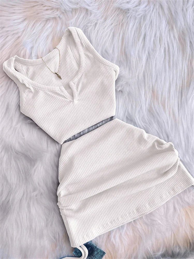 2023 Streetwear Knit 2 Two Piece Dress Sets Skirts Crop Tops Mini Skirt Matching Orange Drawstring Black Skirts Dress Suits