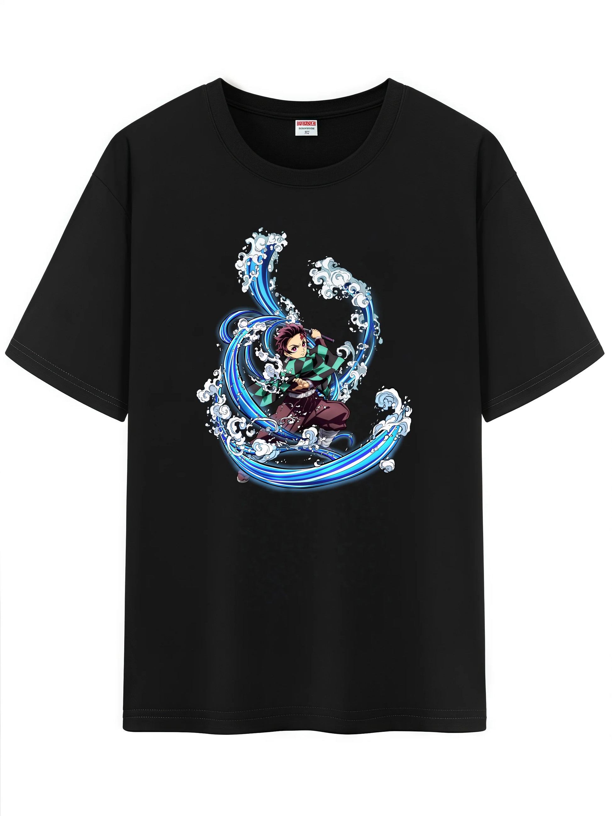 Unisex black t-shirt featuring a dynamic Japanese anime character with swirling waves design.