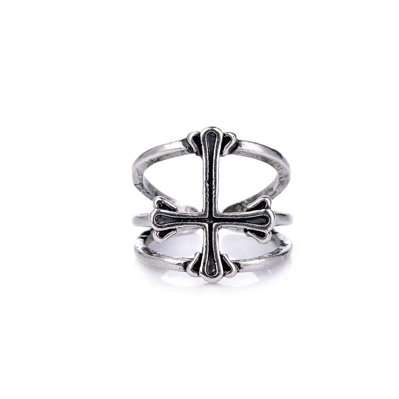Retro Double Band Cross Ring For Men Punk Gothic Rock Hiphop Open Ring Biker Accessories Handmade Designer Jewelry Unisex Gift
