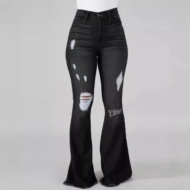 Denim Flare Pants Women Hole Jeans Boot Cut High Waist Stretch Pockets Distressed Washed Streetwear 2025 Floor Length Trousers