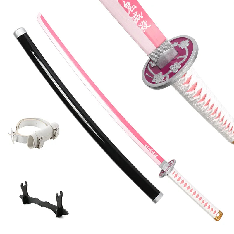 Collection of colorful anime swords with unique designs and a display stand, showcasing samurai katana styles.