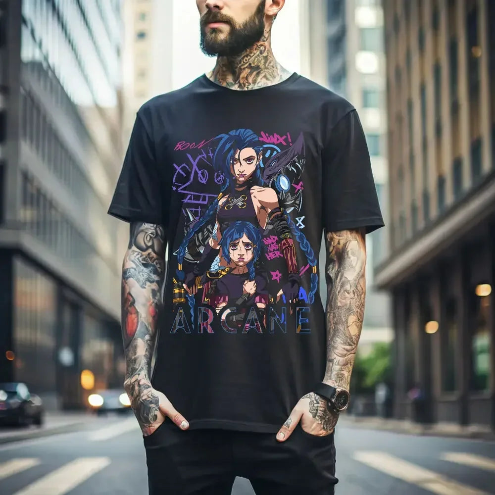 Oversized Jinx Arcane anime T-shirt. Black graphic tee with Japanese cartoon design, perfect for women’s casual streetwear and fan clothing.