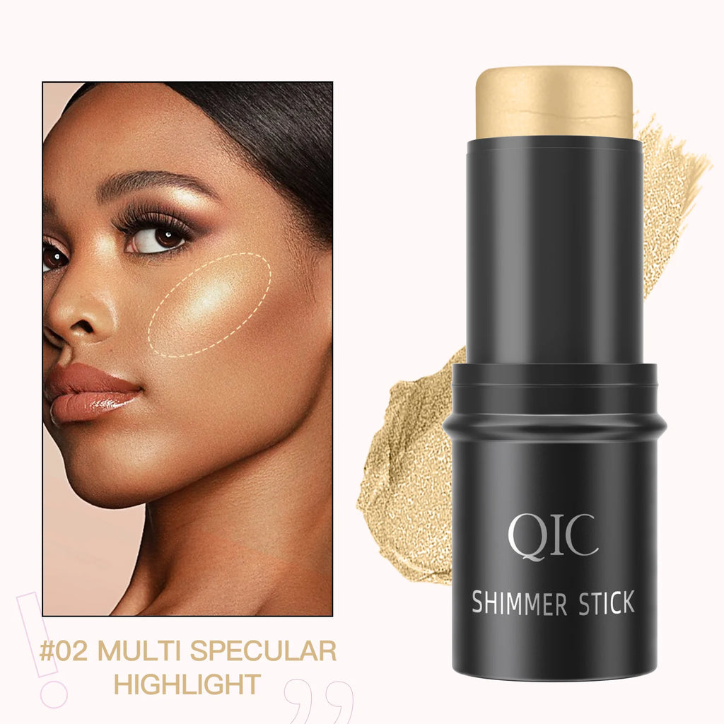 Two QIC shimmer stick highlighters with swatches, perfect for adding glow and radiance to makeup looks.