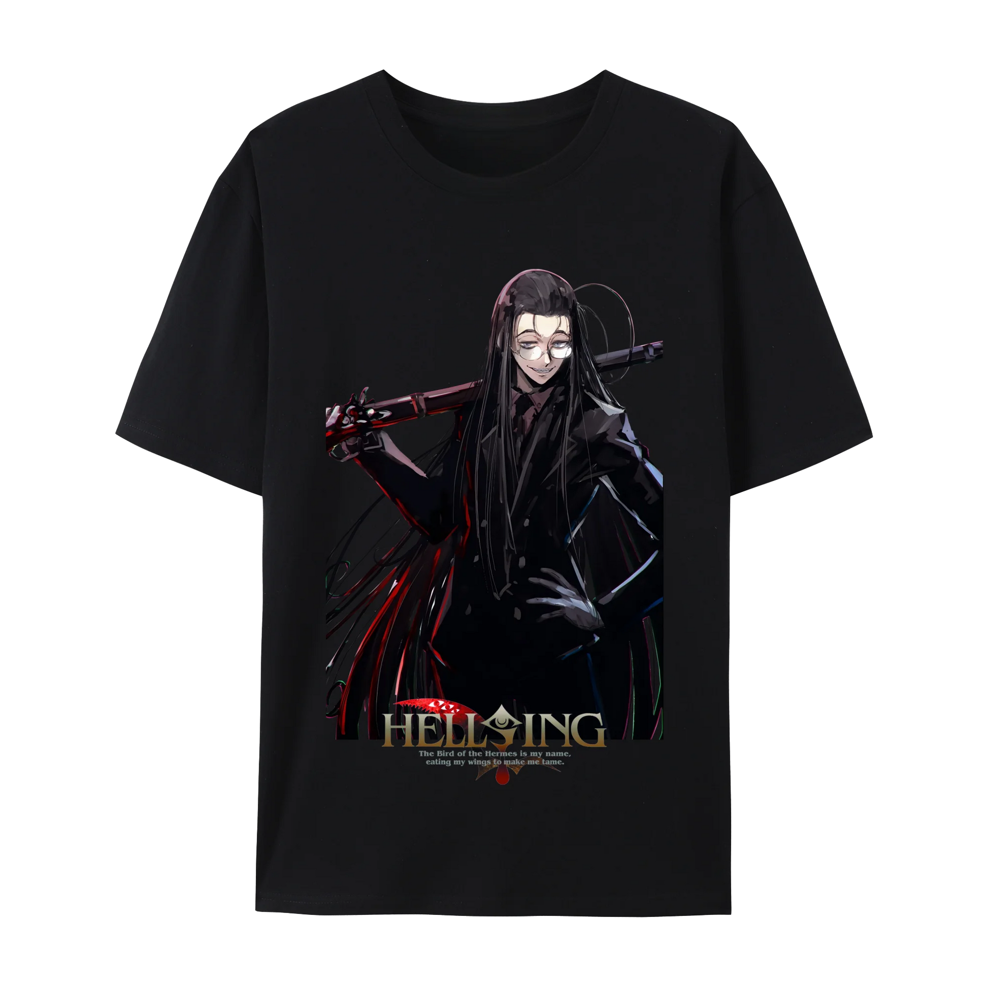 Alucard graphic cotton t-shirt from anime and more, featuring Hellsing character design on a black background.