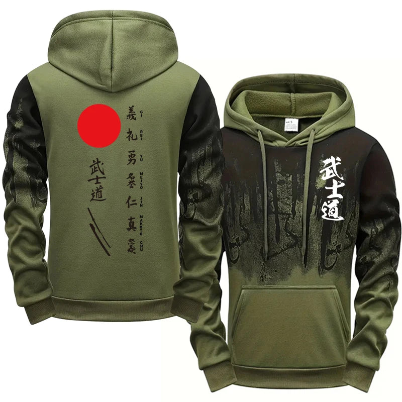 Japan Bushido Style Hooded Sweatshirt Sweatpants Men's Set Autumn Winter Daily Casual Sport Jogger Suit Urban Fashion Sportswear