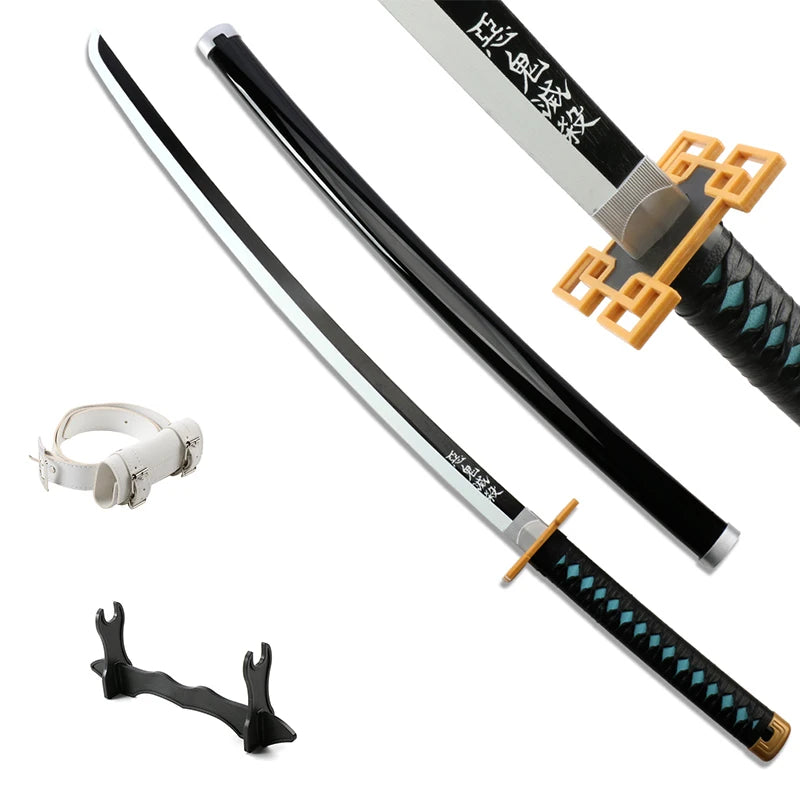 Anime-inspired katana sword with black blade, ornate tsuba, and sword stand, perfect for collectors and fans of Demon Slayer.