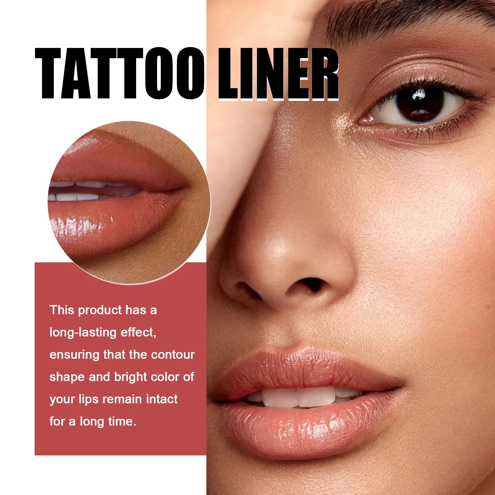 Close-up of a model showcasing a tattoo liner, highlighting its long-lasting effect on lip contour and color.