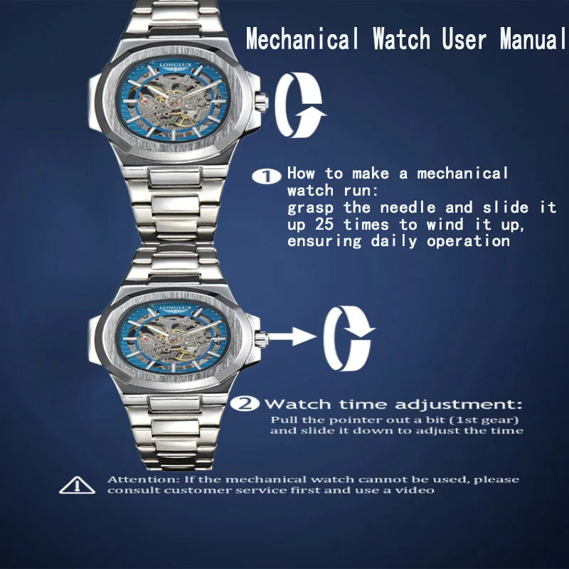 LONGLUX Men automatic mechanical watch luxury watches waterproof skeleton business cheap wholesale stainless steel gift watch