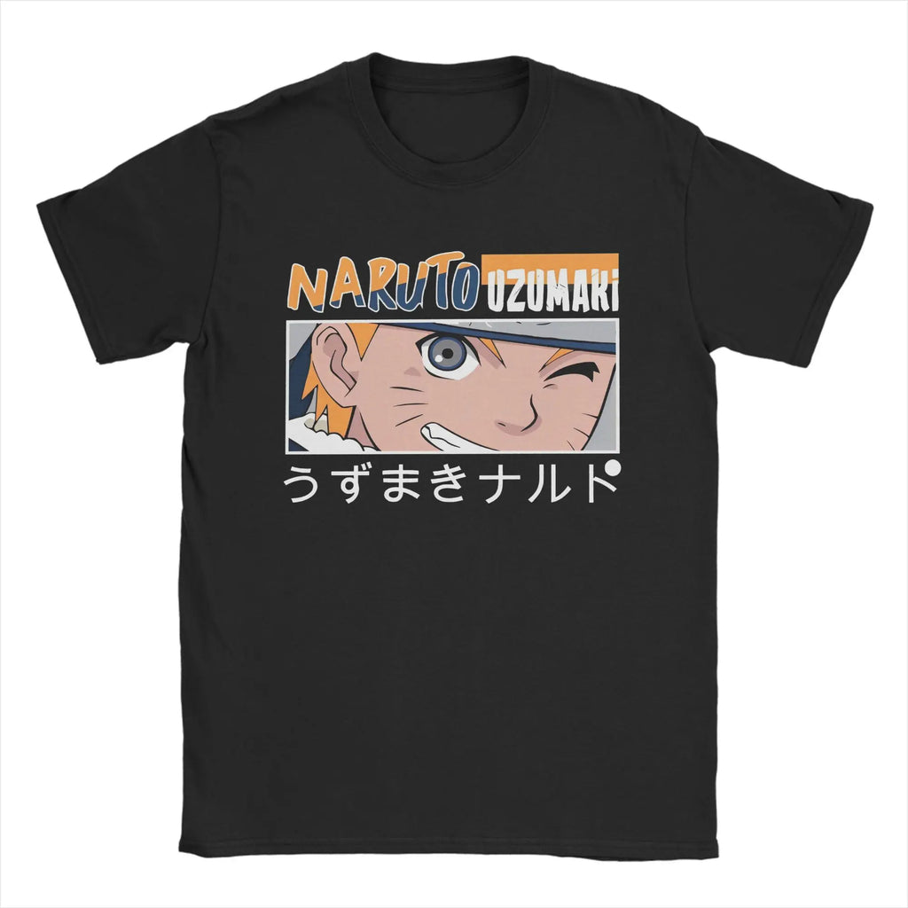 Black t-shirt featuring Naruto Uzumaki with a playful wink and Japanese text, perfect for anime fans.