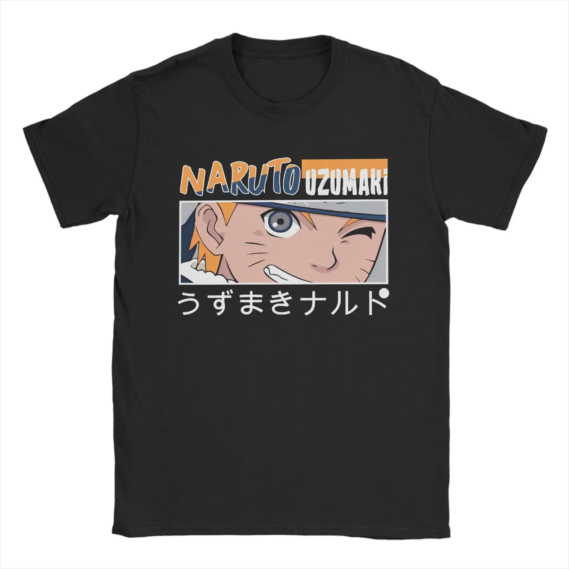 Black t-shirt featuring Naruto Uzumaki with a playful wink and Japanese text, perfect for anime fans.
