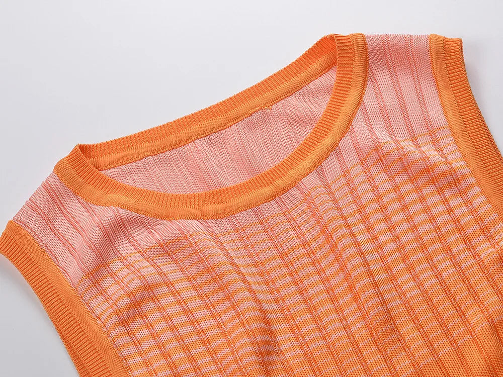 ZJYT New Summer Fashion Gradient Color Long Knitting Dresses for Women Elegant O Neck Sleeveless Vacation Dress Female Vestidos