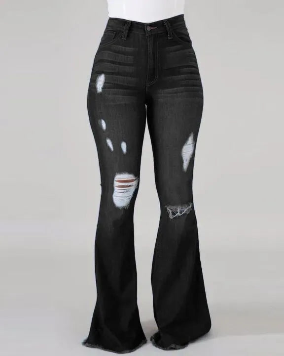 Denim Flare Pants Women Hole Jeans Boot Cut High Waist Stretch Pockets Distressed Washed Streetwear 2025 Floor Length Trousers
