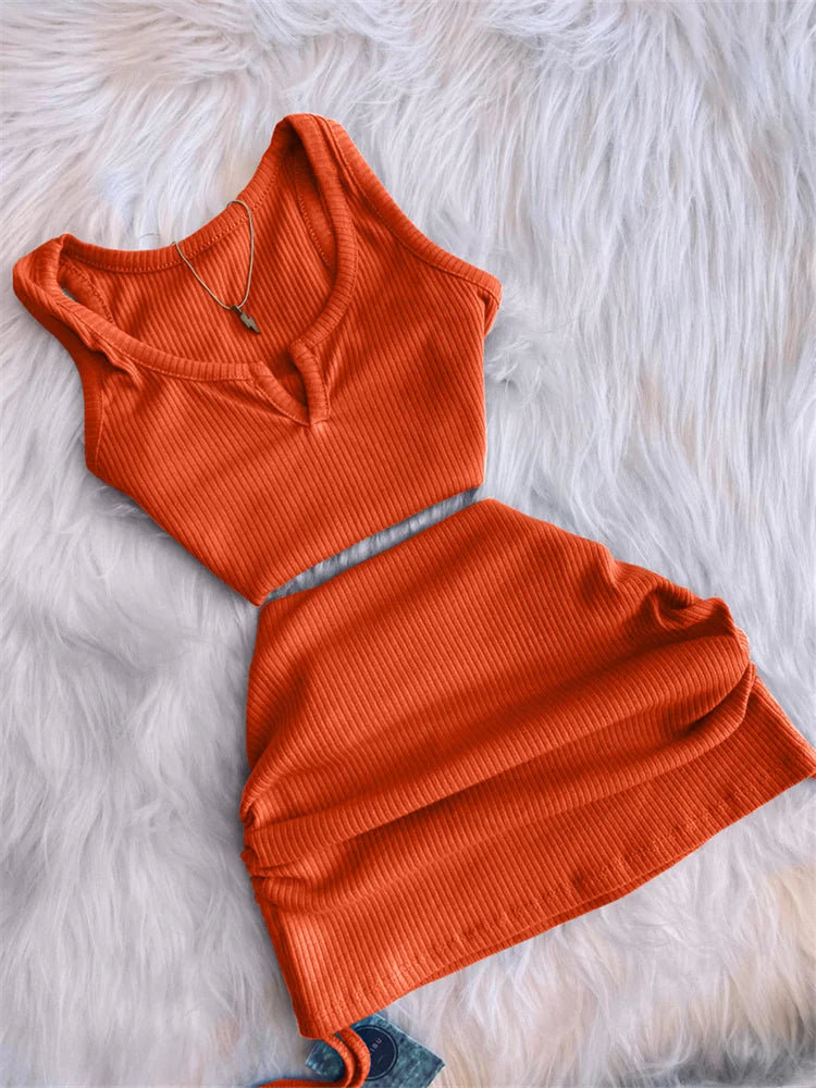 2023 Streetwear Knit 2 Two Piece Dress Sets Skirts Crop Tops Mini Skirt Matching Orange Drawstring Black Skirts Dress Suits