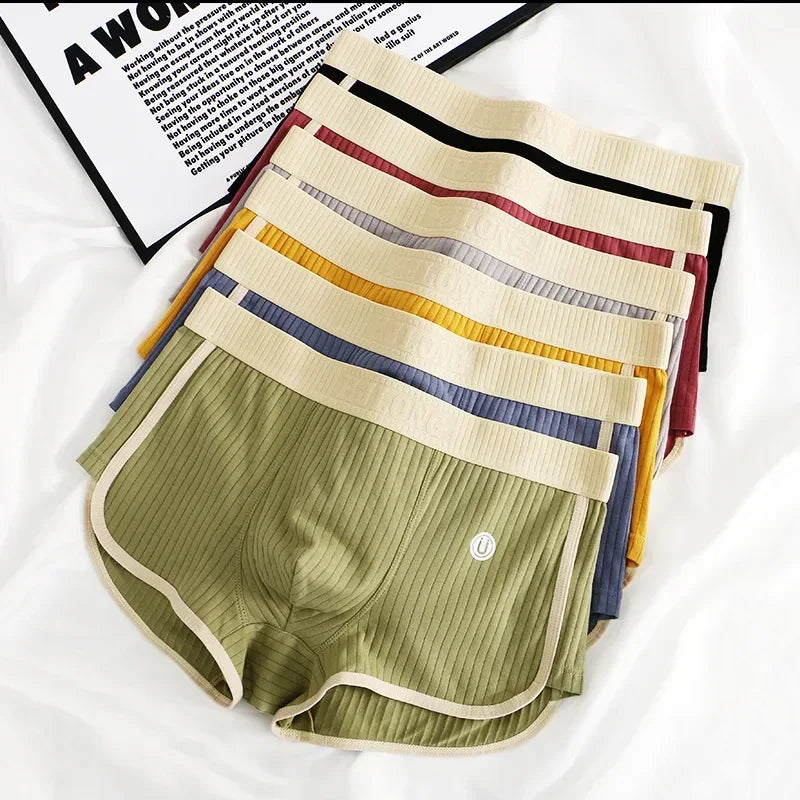 1/3PCS 100% Cotton Solid Striped Men's Boxer Sexy Breathable Mesh U Crotch Underwear High Elastic Widen Waistband Underpants