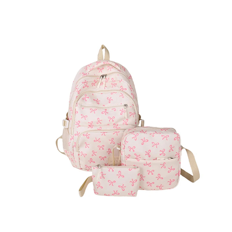 3Pcs/Set Bow Print Backpack with Crossbody Bag and Small Purse Bow Student Bookbag Simple Backpack for Elementary Middle Kids