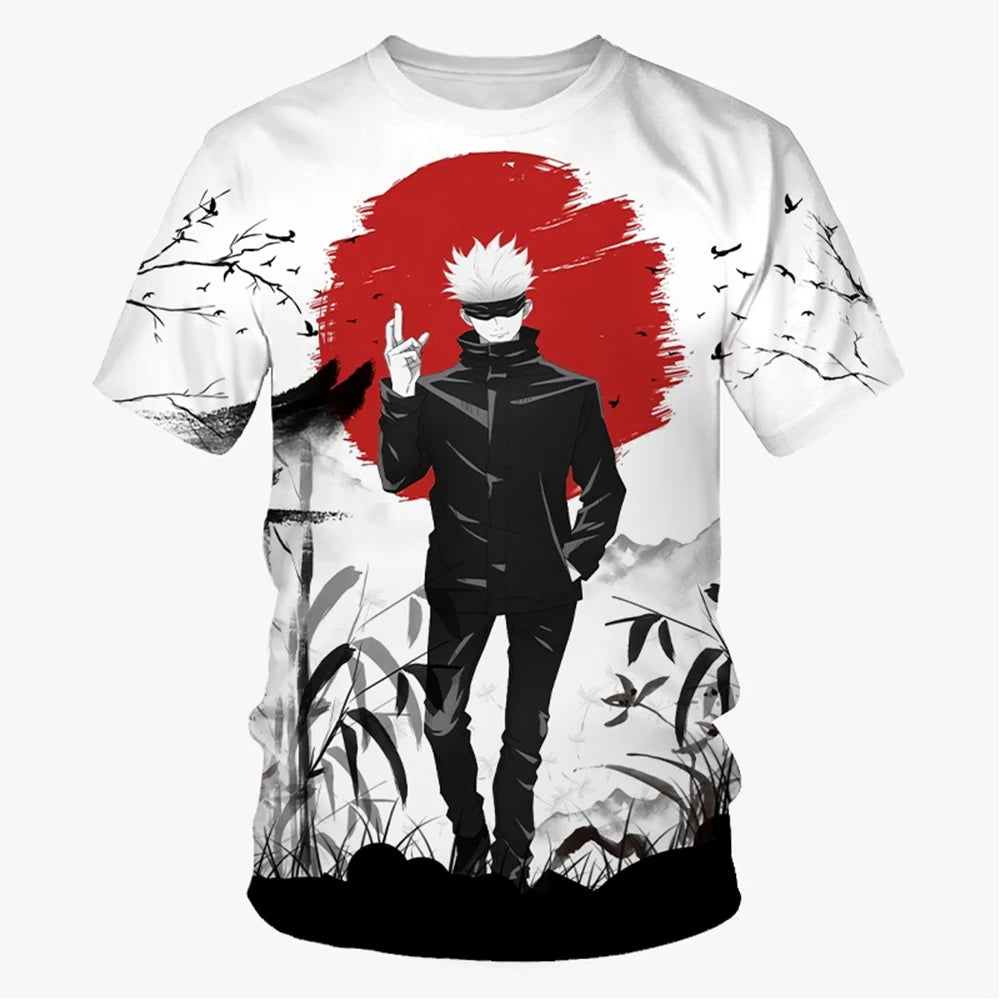 Anime and more 3D print T-shirt featuring a character with white hair and red accents, perfect for summer casual wear.