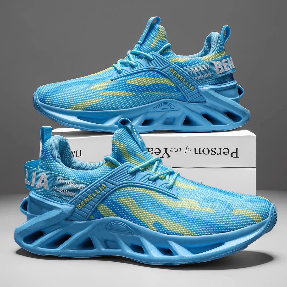 Blue anime-inspired running shoes for men and women with lace-up closure and stylish design.