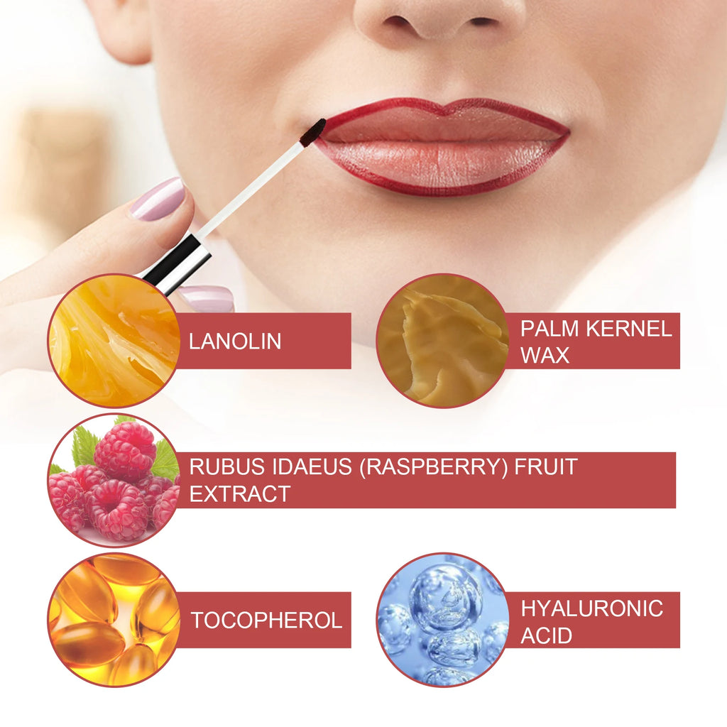 Image displaying EELHOE lip liner application showcasing ingredients: lanolin, palm kernel wax, raspberry extract, tocopherol, hyaluronic acid.