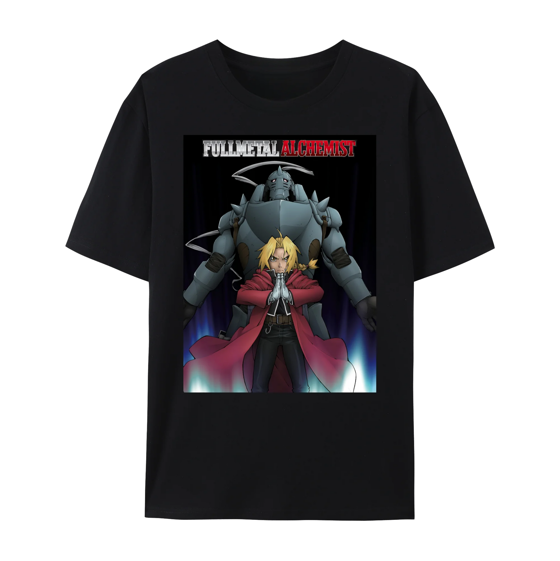 Fullmetal Alchemist anime graphic t-shirt featuring Edward and Alphonse in a vibrant design on cotton fabric.