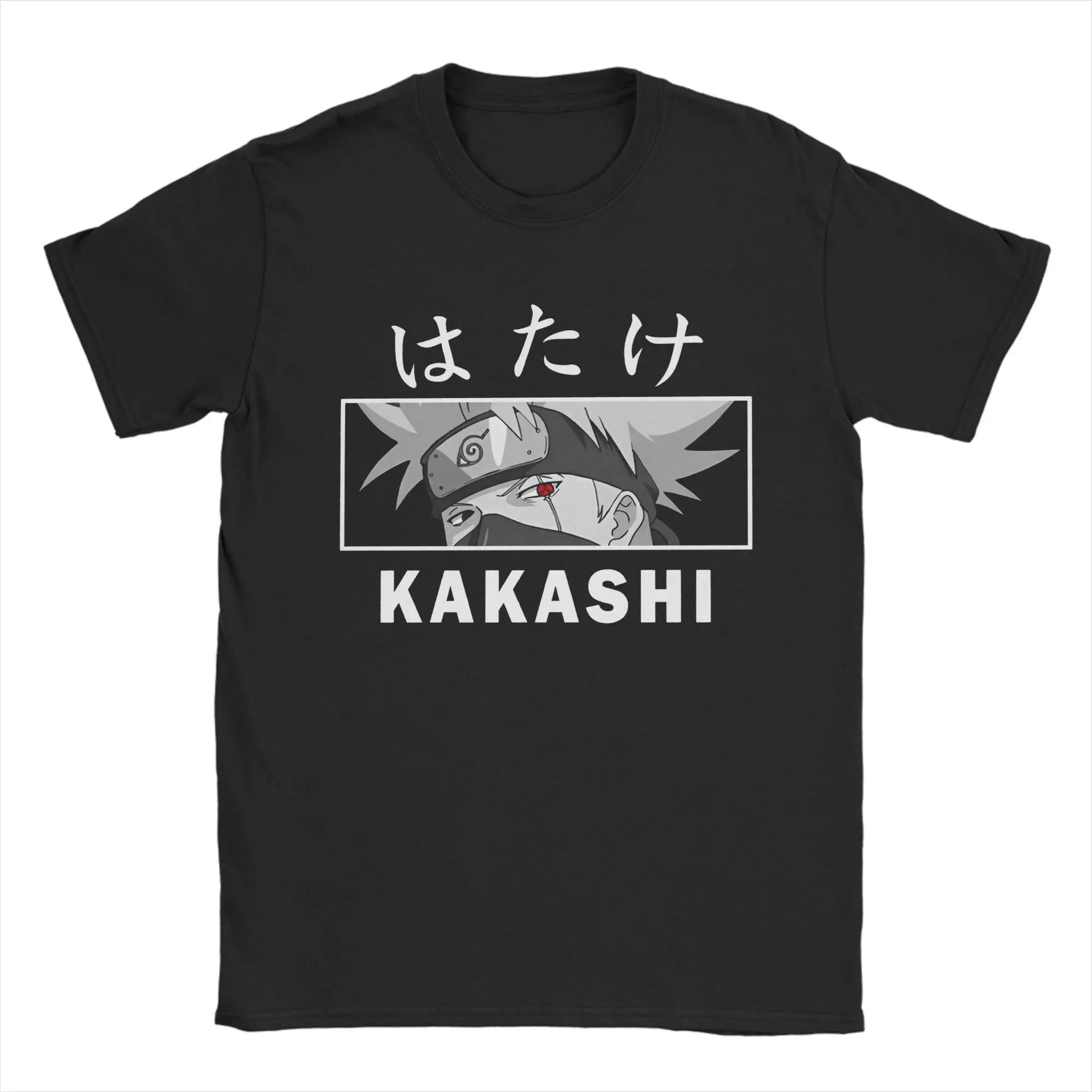 Kakashi anime character t-shirt featuring Japanese text, perfect for summer shopping. Black O-neck pull-on design.