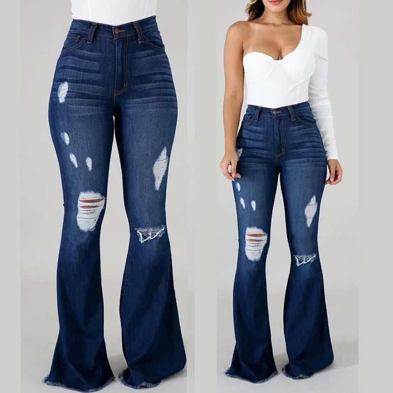 Denim Flare Pants Women Hole Jeans Boot Cut High Waist Stretch Pockets Distressed Washed Streetwear 2025 Floor Length Trousers