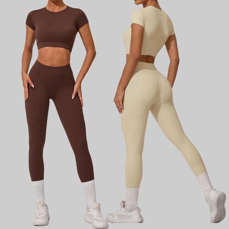 Women wearing seamless yoga sets in brown and beige, showcasing high waist and hip lift design, perfect for fitness activities.
