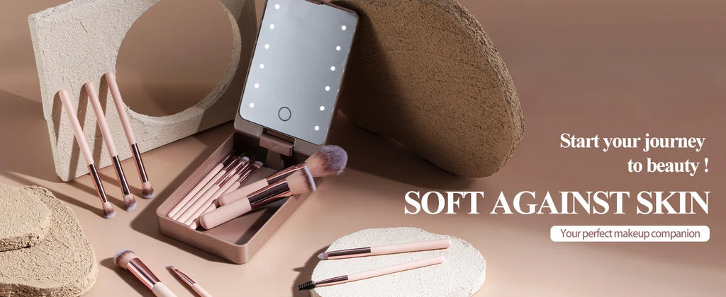 14-Piece Makeup Brush Set with Illuminated Mirror, Portable Short Handle,LED Light,USB Rechargeable Makeup Brushes Kit