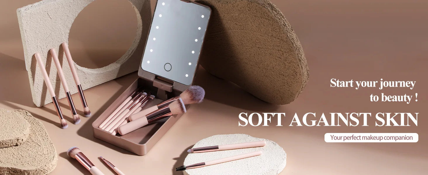 14-Piece Makeup Brush Set with Illuminated Mirror, Portable Short Handle,LED Light,USB Rechargeable Makeup Brushes Kit