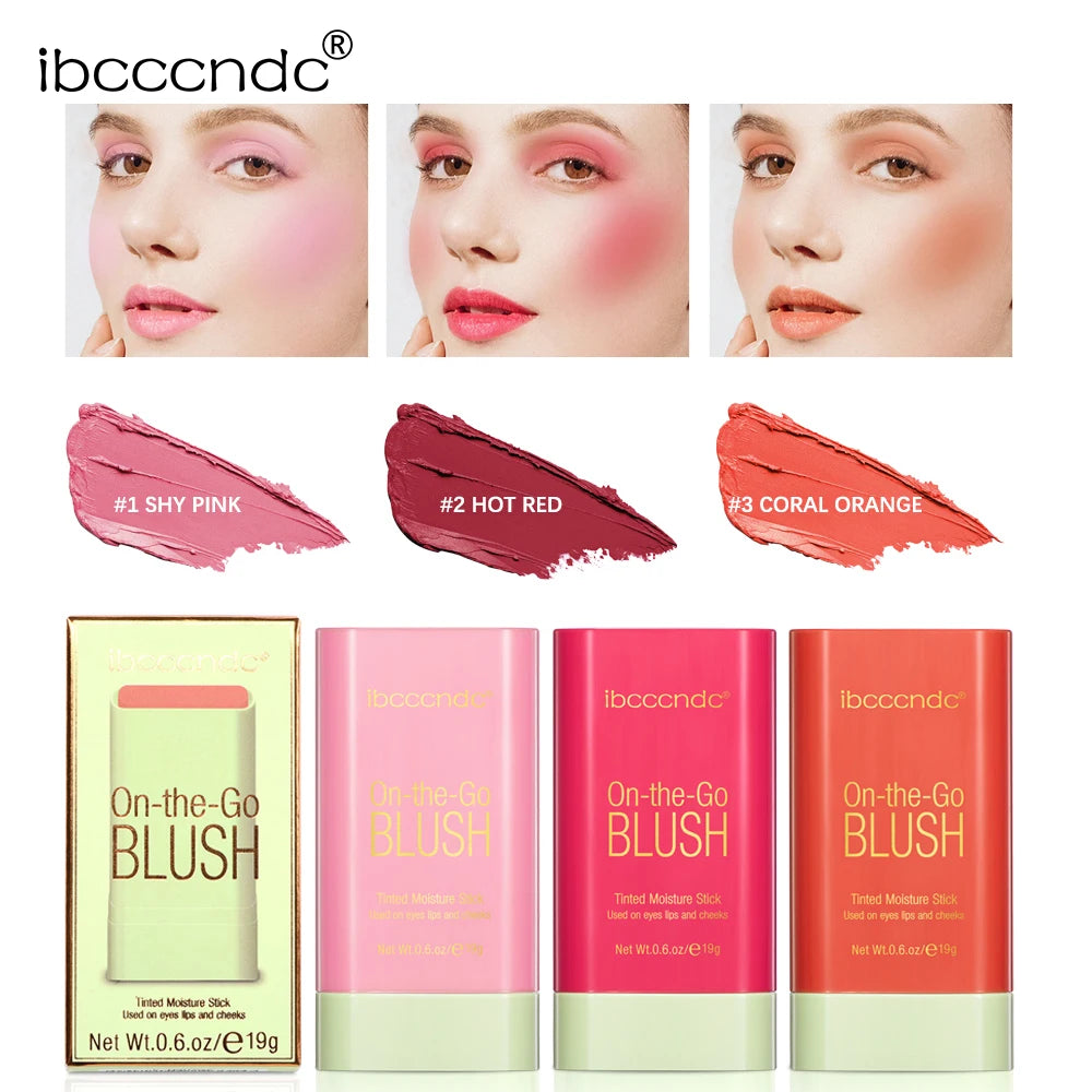Colorful packaging of On-the-Go Blush by ibccandc, featuring tinted moisturizer sticks in various shades.