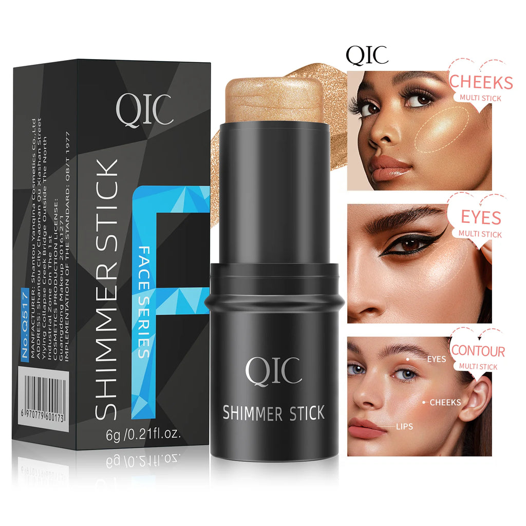 Two QIC shimmer stick highlighters with swatches, perfect for adding glow and radiance to makeup looks.