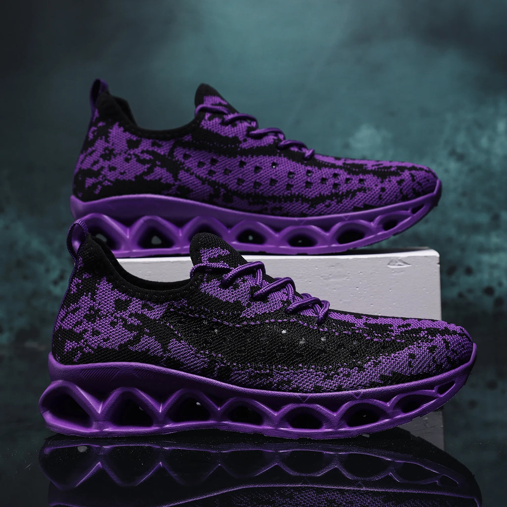 Purple and black patterned orthopedic sneakers for women, featuring a lace-up closure and flat heel design.