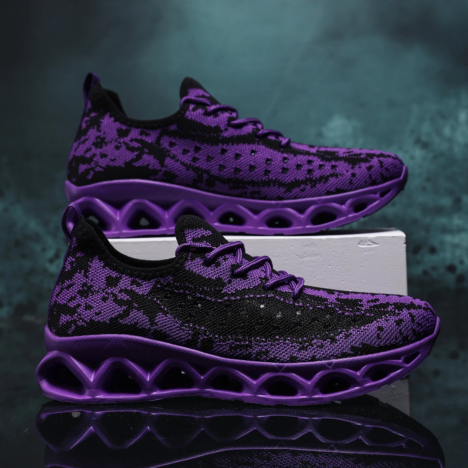 Purple and black patterned orthopedic sneakers for women, featuring a lace-up closure and flat heel design.