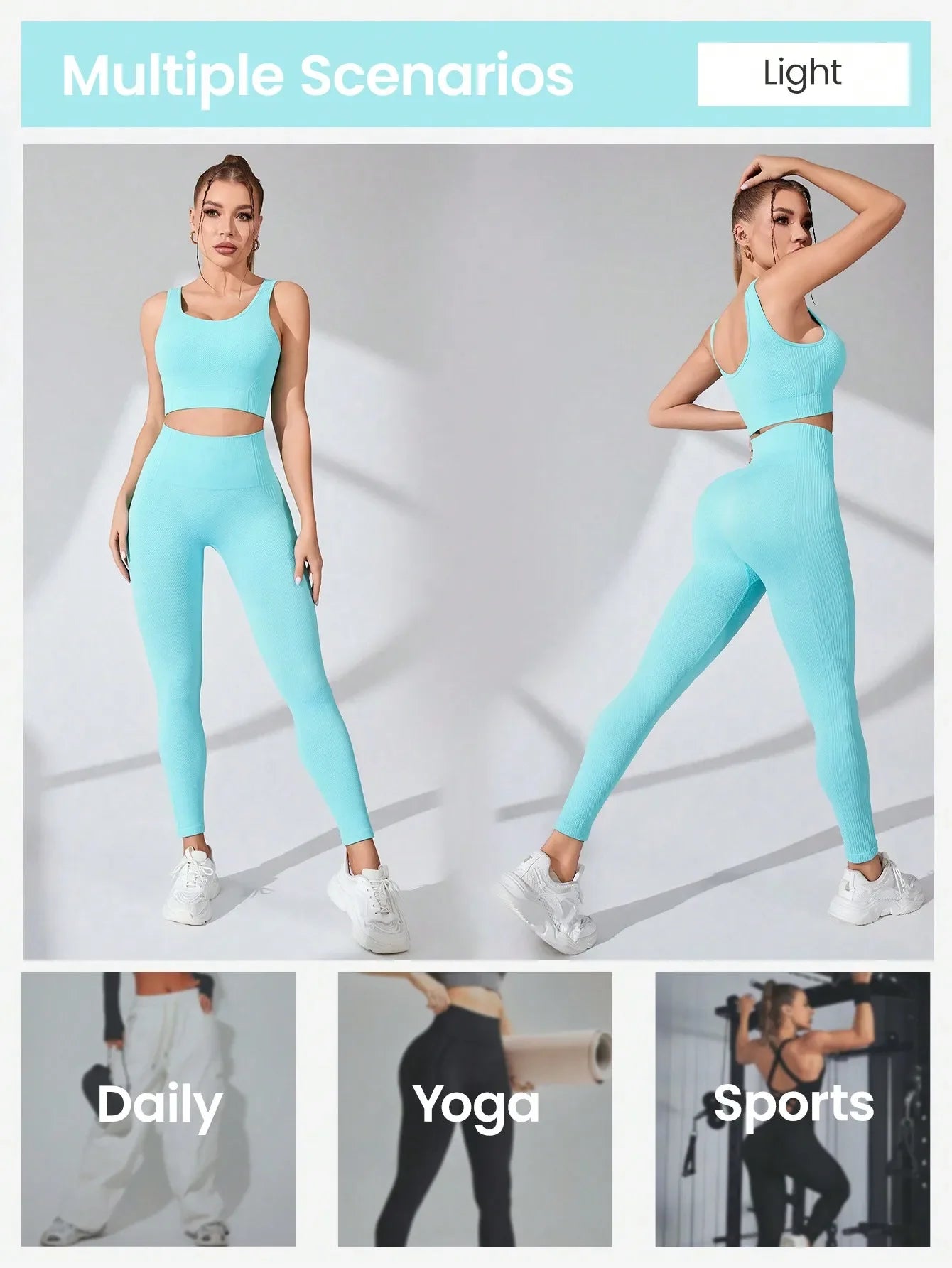 Women’s seamless workout set in light blue, featuring a cropped tank top and leggings, styled with white accessories.