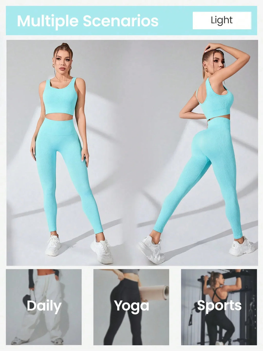 Women’s seamless workout set in blue, featuring a crop top and leggings, styled with white socks and sneakers.