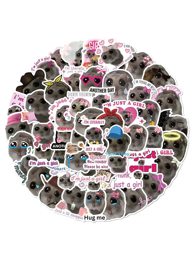 56pcs Sad Hamster Meme Decals Cute Stickers Cute Cartoon Graffiti Decals Cute Sad Hamster Sticker Decals For Laptop Water Cup