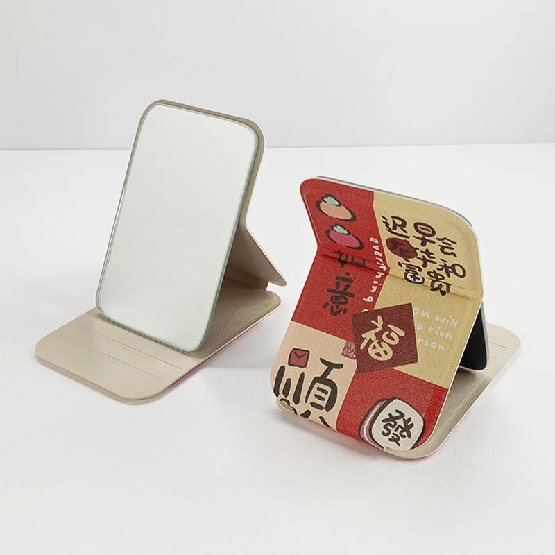 PU Leather Portable Mini Makeup Pocket Mirror Adjustable Angle Desktop Small Folding Cosmetic Mirror High Definition Vanity Tool
