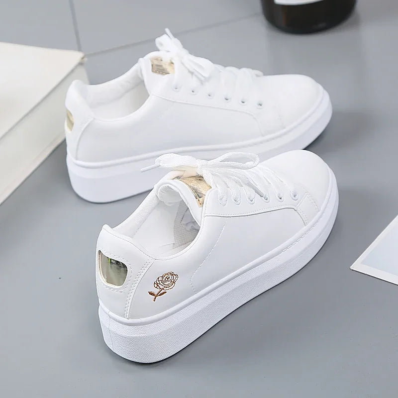 2022 Women Casual Shoes New Spring Fashion Embroidered White Breathable Flower Lace-Up Sneakers