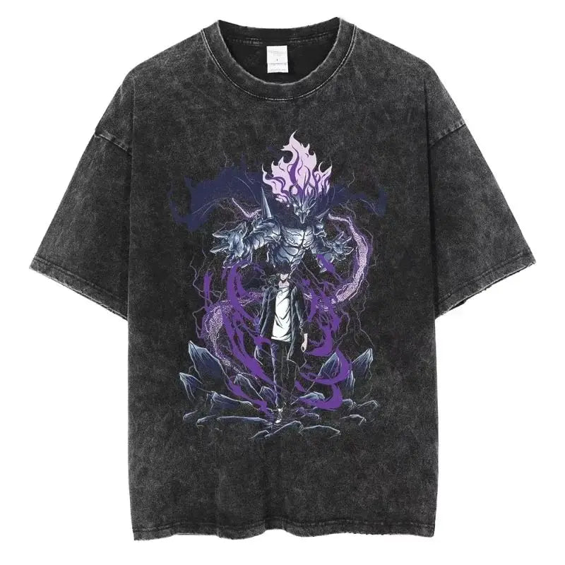 Men's and women's T-shirt plus size Harajuku unisex washed cotton T-shirt Hot Anime Solo Leveling Song Jinyu printed T-shirt