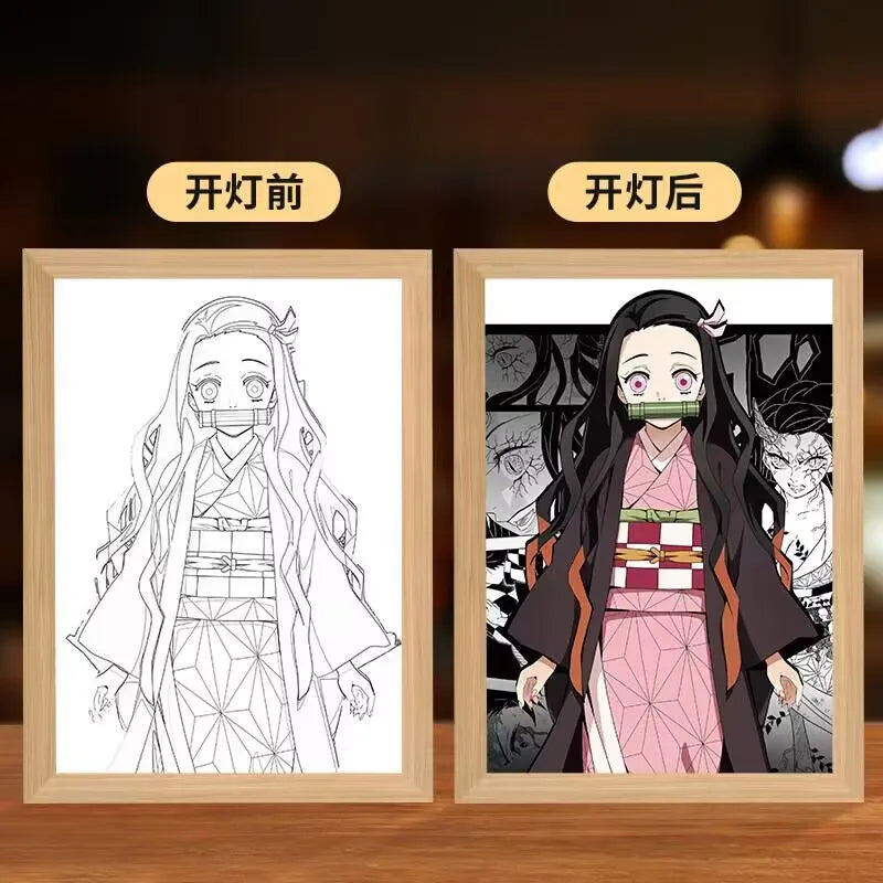 Anime Figure Light Painting Photo Frame Demons Slayer Kimetsu No Yaiba Tanjirou Action Led Lamps Bedroom Decor Chirstmas Gifts